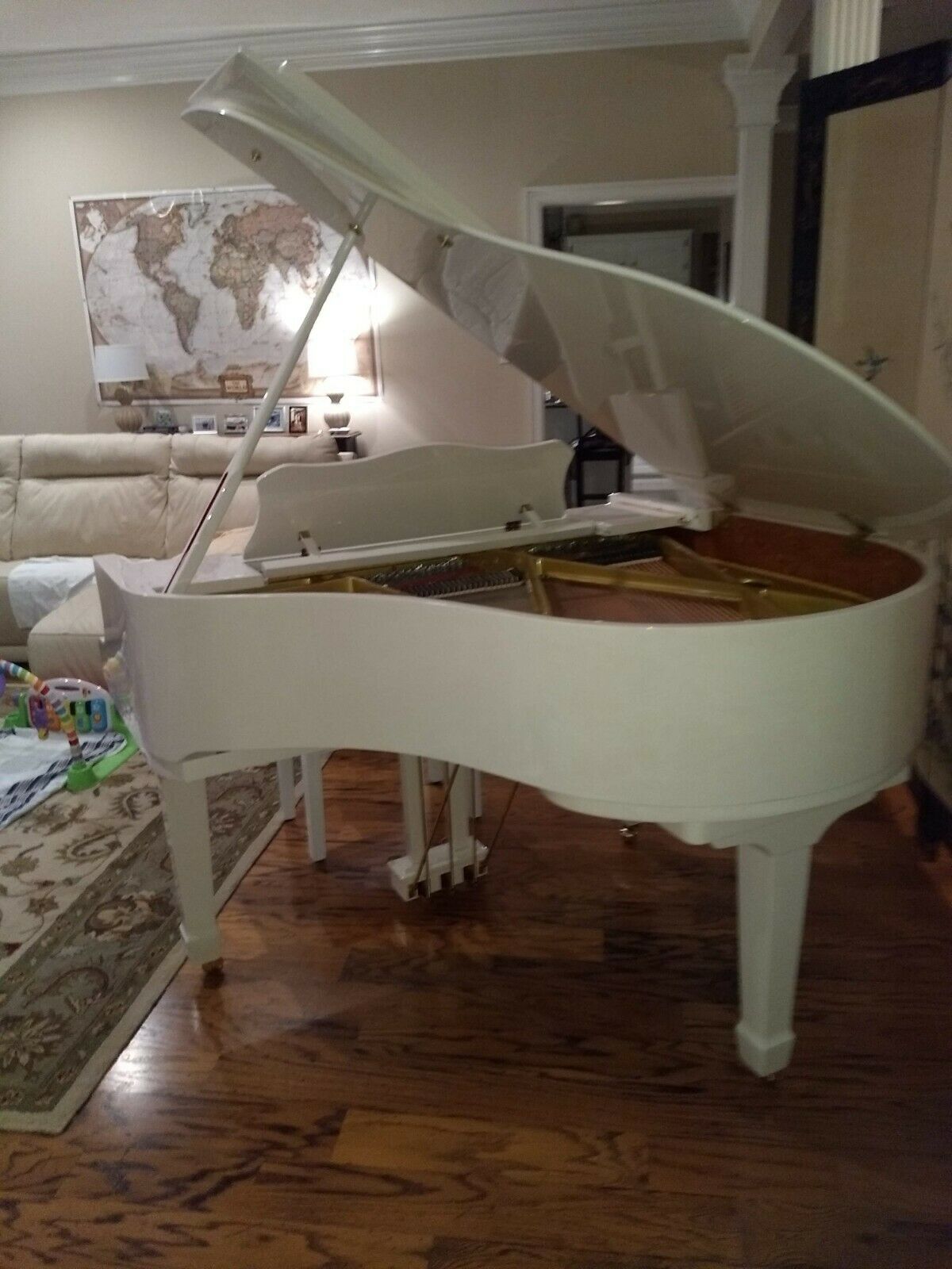 White Baby Grand Piano Whole, Baby Grand Piano On Hardwood Floor